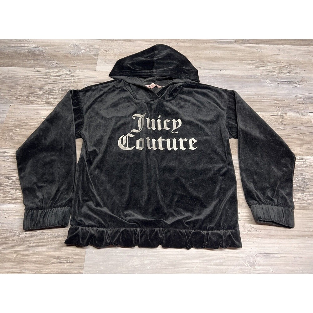 Vintage Juicy Couture Kids Velour Hoodie Sweatshirt Black Spellout Size L 12-14